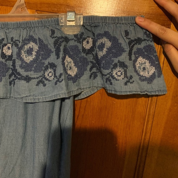 Embroidered Floral Ruffle Off the Shoulder Dress faux denim jean short strapless - Picture 4 of 6